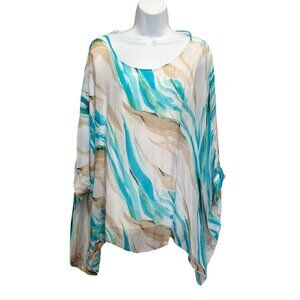 Made in Italy Abstract Silk Blend Poncho Blouse - Turquoise & Tan Size M
